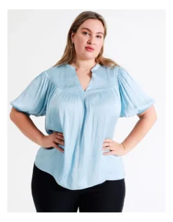 Basque Shirred Yoke Recycled Bruised Poly Satin Top In Sky Blue