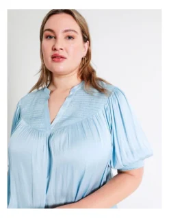 Basque Shirred Yoke Recycled Bruised Poly Satin Top In Sky Blue -Basque Store Online 945497080 3 720x928