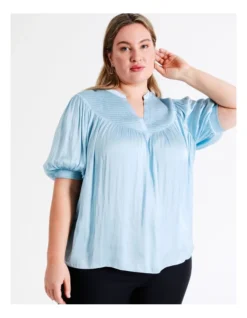 Basque Shirred Yoke Recycled Bruised Poly Satin Top In Sky Blue -Basque Store Online 945497080 4 720x928