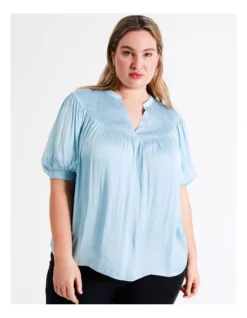 Basque Shirred Yoke Recycled Bruised Poly Satin Top In Sky Blue -Basque Store Online 945497080 6 720x928