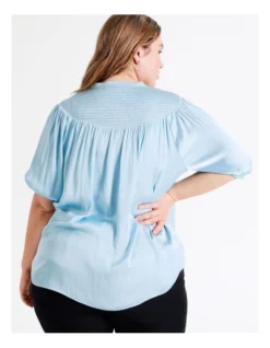 Basque Shirred Yoke Recycled Bruised Poly Satin Top In Sky Blue -Basque Store Online 945497080 7 720x928