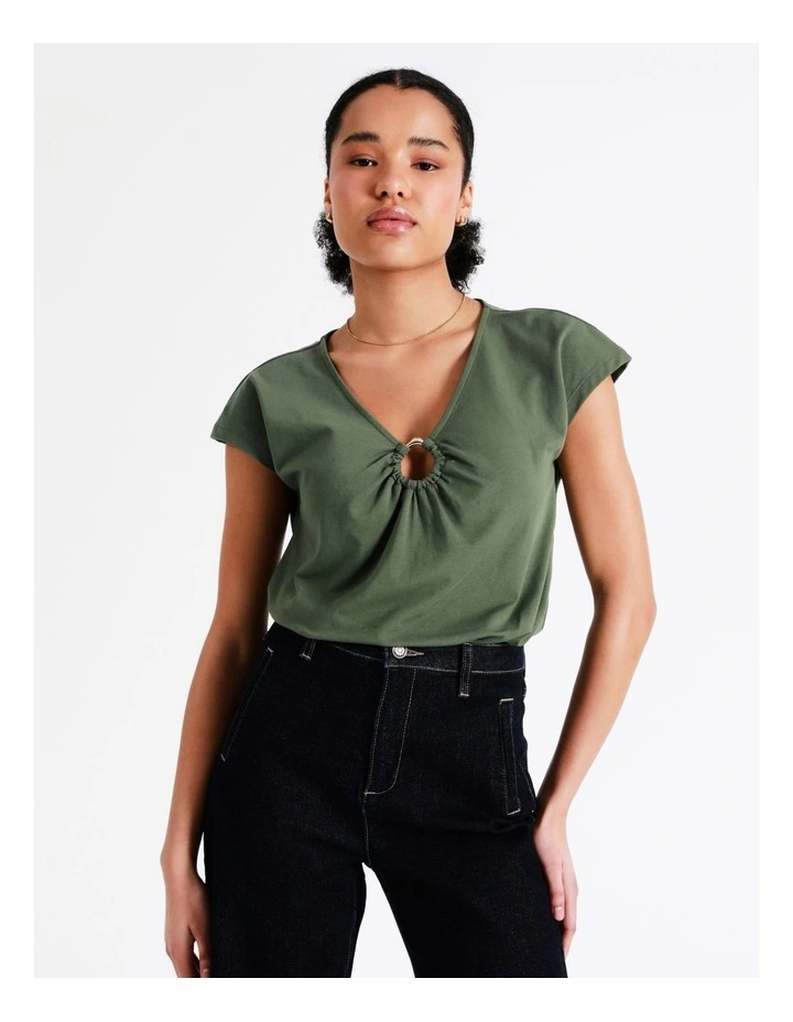 Basque Organic Cotton Blend Ring Detail Tee In Khaki 3 Basque Organic Cotton Blend Ring Detail Tee In Khaki