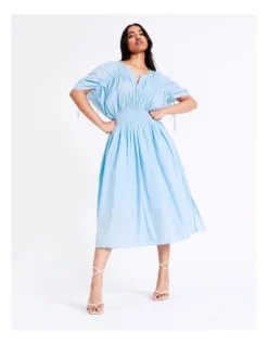 Basque Billow Midi Organic Cotton Voile Dress In Sky Blue
