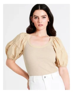 Basque Cotton Contrast Sleeve Top In Beige