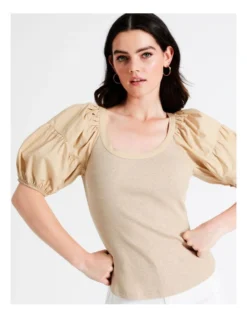 Basque Cotton Contrast Sleeve Top In Beige -Basque Store Online 946691020 3 720x928