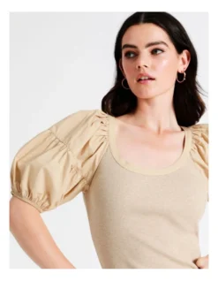 Basque Cotton Contrast Sleeve Top In Beige -Basque Store Online 946691020 6 720x928