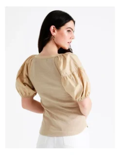 Basque Cotton Contrast Sleeve Top In Beige -Basque Store Online 946691020 7 720x928