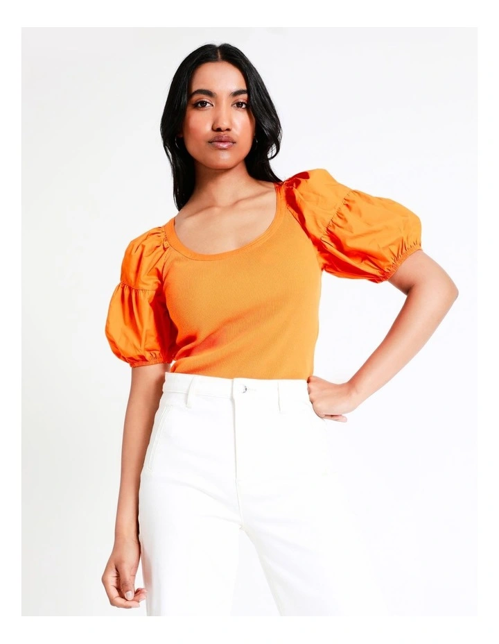 Basque Cotton Contrast Sleeve Top In Orange 3 Basque Cotton Contrast Sleeve Top In Orange