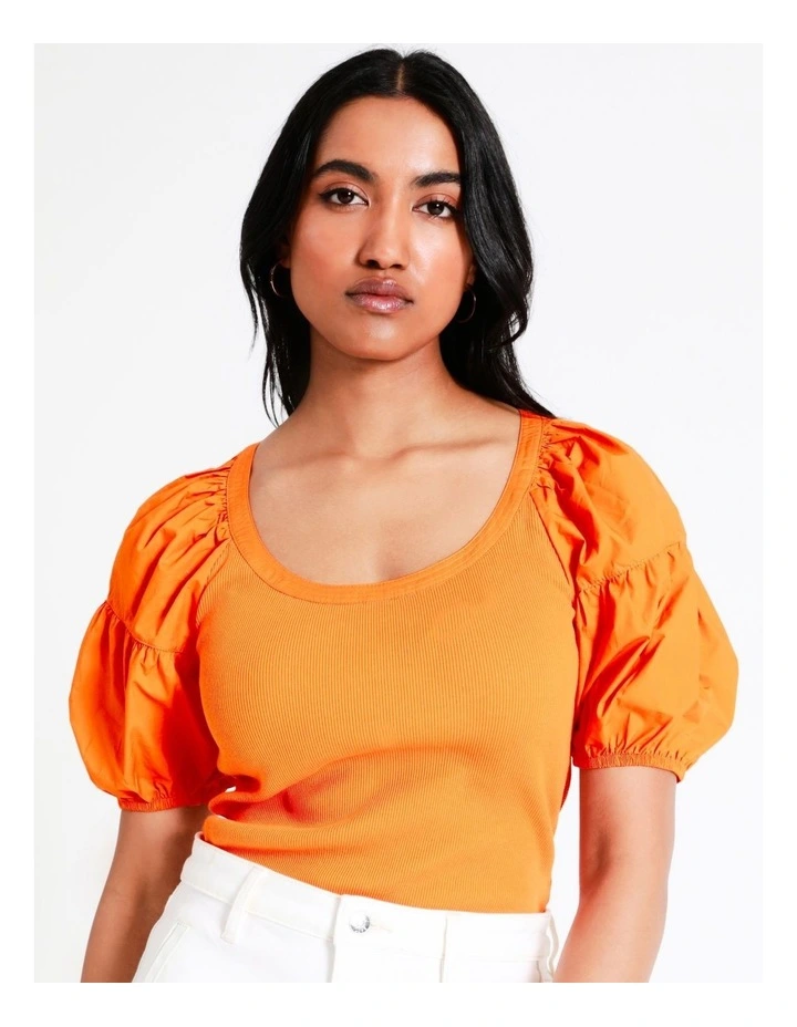 Basque Cotton Contrast Sleeve Top In Orange 6 Basque Cotton Contrast Sleeve Top In Orange - Image 4