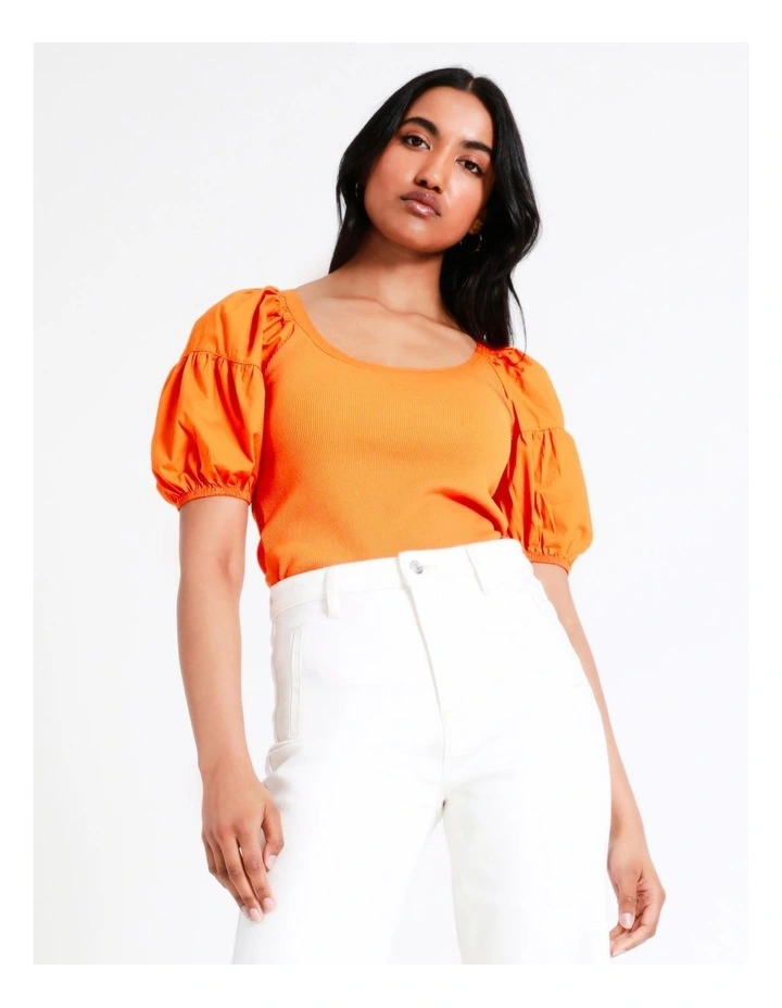 Basque Cotton Contrast Sleeve Top In Orange 7 Basque Cotton Contrast Sleeve Top In Orange - Image 5