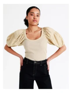 Basque Cotton Contrast Sleeve Top In Beige