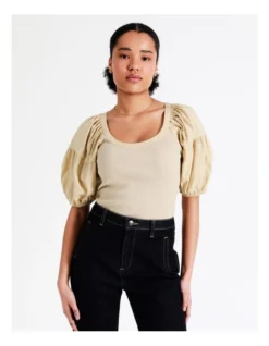 Basque Cotton Contrast Sleeve Top In Beige -Basque Store Online 946691740 3 720x928