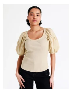 Basque Cotton Contrast Sleeve Top In Beige -Basque Store Online 946691740 6 720x928