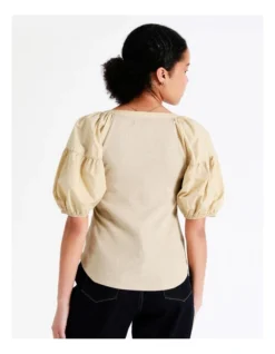 Basque Cotton Contrast Sleeve Top In Beige -Basque Store Online 946691740 7 720x928