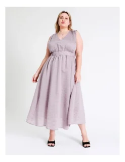 Basque V Neck Elasticated Waist Maxi Dress In Lilac