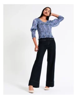 Basque Recycled Poly Printed Shirred Top In Assorted