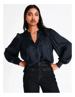 Basque Store Online 15 Basque Recycled Bruised Poly Satin Pintuck Top In Navy