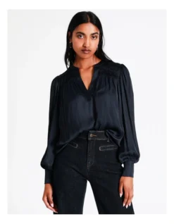 Basque Recycled Bruised Poly Satin Pintuck Top In Navy -Basque Store Online 956210140 4 720x928