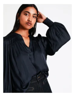 Basque Recycled Bruised Poly Satin Pintuck Top In Navy -Basque Store Online 956210140 6 720x928