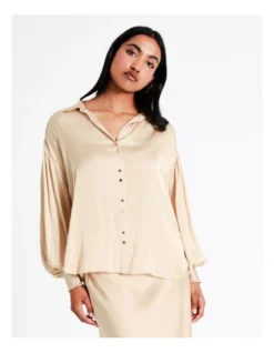 Basque Pintuck Cuff Recycled Bruised Poly Satin Shirt In Beige -Basque Store Online 956210230 3 720x928