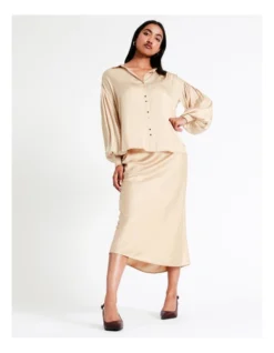 Basque Pintuck Cuff Recycled Bruised Poly Satin Shirt In Beige -Basque Store Online 956210230 5 720x928