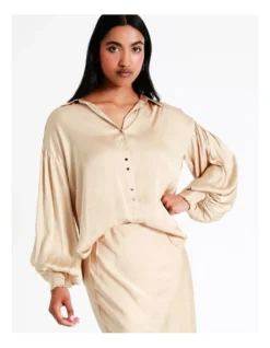 Basque Pintuck Cuff Recycled Bruised Poly Satin Shirt In Beige -Basque Store Online 956210230 6 720x928