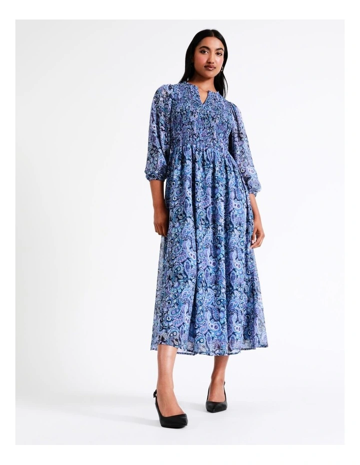 Basque Recycled Poly Shirred Bodice Midi Dress In Assorted 3 Basque Recycled Poly Shirred Bodice Midi Dress In Assorted