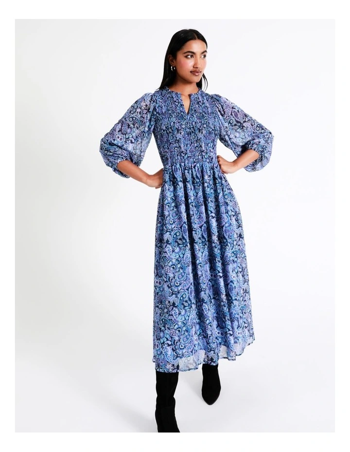 Basque Recycled Poly Shirred Bodice Midi Dress In Assorted 4 Basque Recycled Poly Shirred Bodice Midi Dress In Assorted - Image 2