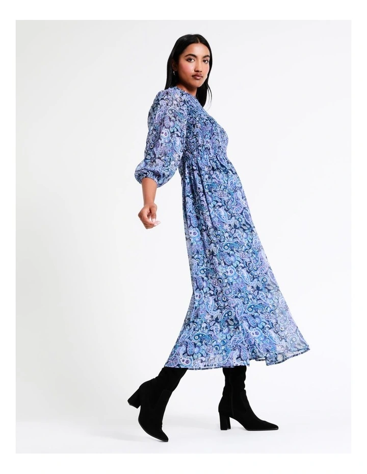 Basque Recycled Poly Shirred Bodice Midi Dress In Assorted 5 Basque Recycled Poly Shirred Bodice Midi Dress In Assorted - Image 3