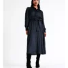 Basque Tie Waist Recycled Poly Satin Midi Shirt Dress In Navy