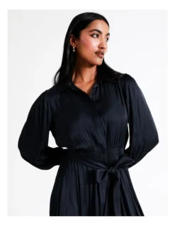 Basque Tie Waist Recycled Poly Satin Midi Shirt Dress In Navy -Basque Store Online 956211040 3 720x928
