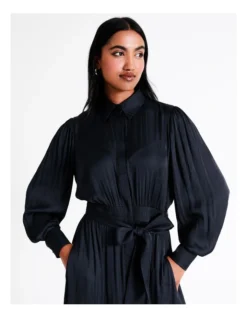 Basque Tie Waist Recycled Poly Satin Midi Shirt Dress In Navy -Basque Store Online 956211040 4 720x928