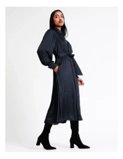 Basque Tie Waist Recycled Poly Satin Midi Shirt Dress In Navy -Basque Store Online 956211040 5 720x928