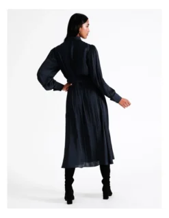 Basque Tie Waist Recycled Poly Satin Midi Shirt Dress In Navy -Basque Store Online 956211040 6 720x928