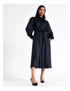 Basque Tie Waist Recycled Poly Satin Midi Shirt Dress In Navy -Basque Store Online 956211040 7 720x928