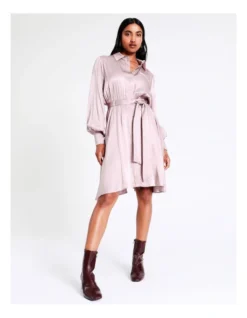 Basque Crinkle Satin Mini Shirt Dress In Lilac