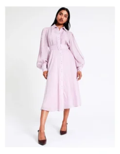 Basque Textured Sleeve Midi Shirt Dress In Lilac