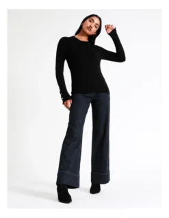 Basque Scoop Neck Button Detail Knit In Black