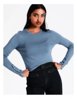 Basque Scoop Neck Button Detail Knit In Dusty Blue
