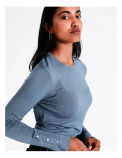 Basque Scoop Neck Button Detail Knit In Dusty Blue -Basque Store Online 967508380 3 720x928