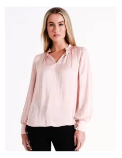 Basque Recycled Bruised Poly Satin V Neck Pop Over Blouse In Blush