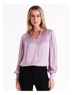 Basque Recycled Bruised Poly Satin V Neck Pop Over Blouse In Lilac