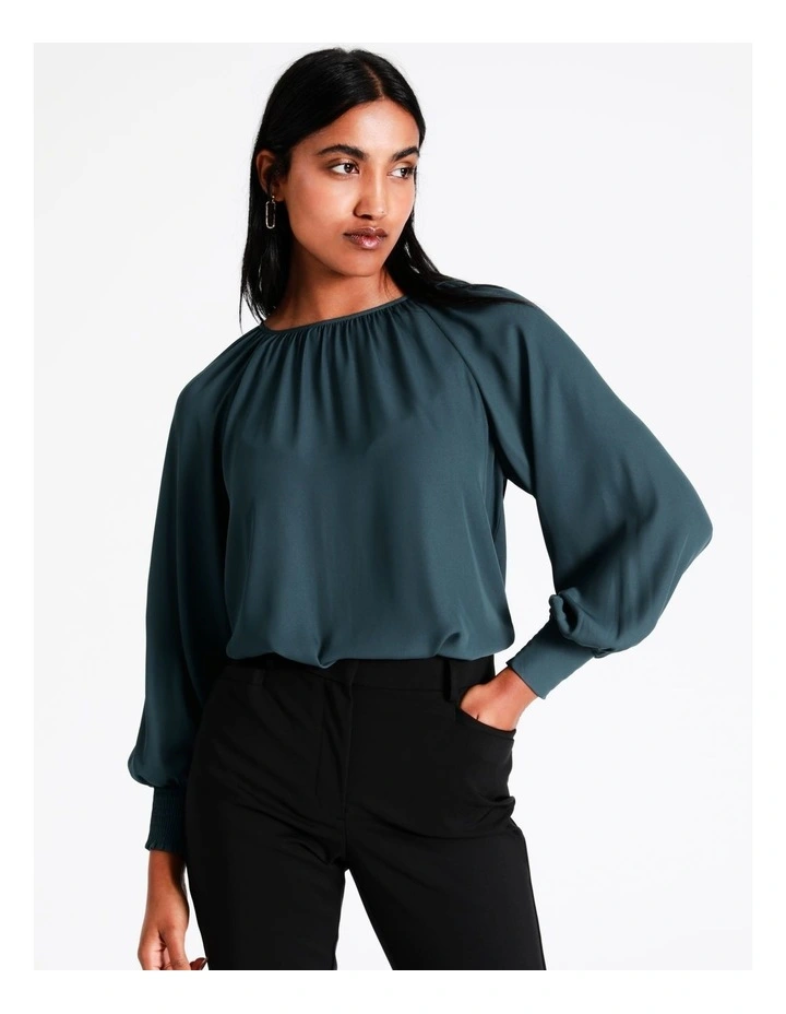 Basque Recycled Blend Gathered Neck Top In Steel 3 Basque Recycled Blend Gathered Neck Top In Steel