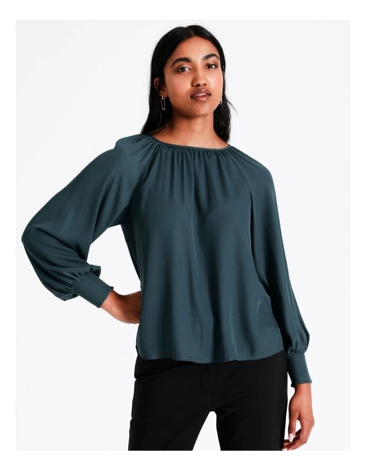 Basque Recycled Blend Gathered Neck Top In Steel 4 Basque Recycled Blend Gathered Neck Top In Steel - Image 2