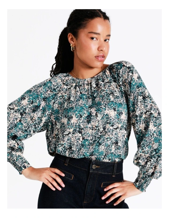 Basque Recycled Blend Gathered Neck Top In Blue 7 Basque Recycled Blend Gathered Neck Top In Blue - Image 5