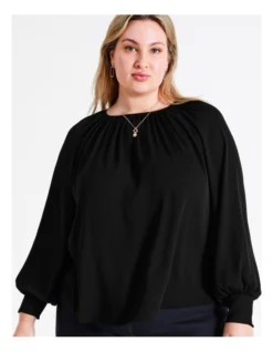 Basque Recycled Blend Gathered Neck Top In Black
