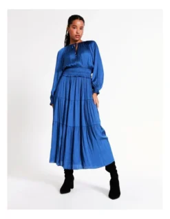 Basque Recycled Bruised Poly Satin Elasticated Waist Maxi Dress In Cobalt