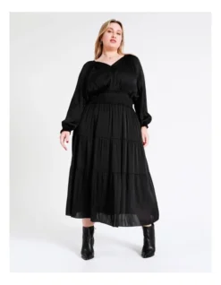 Basque Recycled Bruised Poly Satin Elasticated Waist Maxi Dress In Black