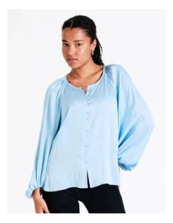 Basque Recycled Bruised Poly Satin Button Through Shirt In Sky Blue