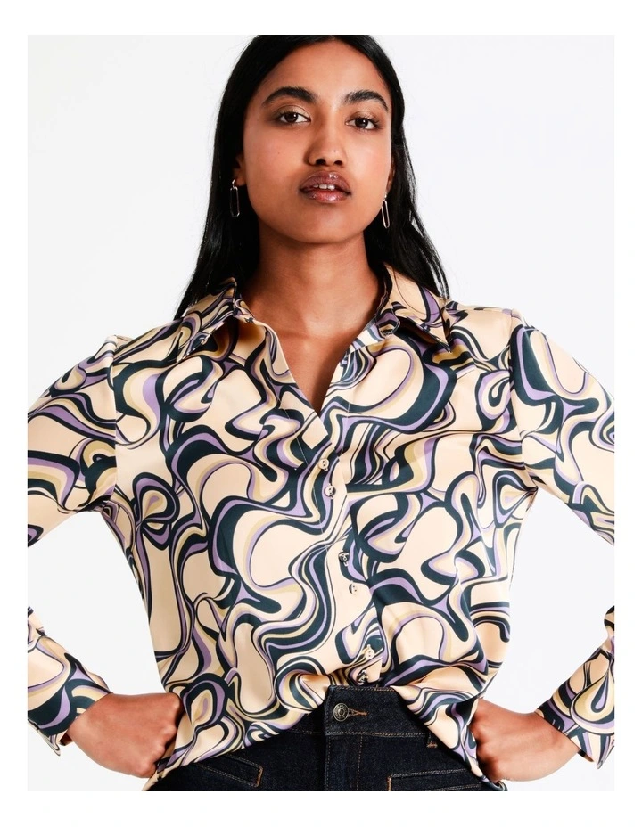 Basque Recycled Satin Printed Shirt In Assorted 3 Basque Recycled Satin Printed Shirt In Assorted